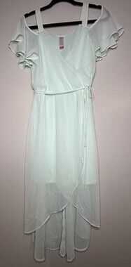 Mint Seafoam Green Sheer Dress Medium Cold Shoulder Midi High-Low Fairy Flowy